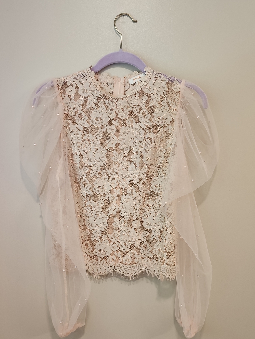 Peach Couture Blush Lace Blouse Top Puff Sleeves Pearls Coquette size Small